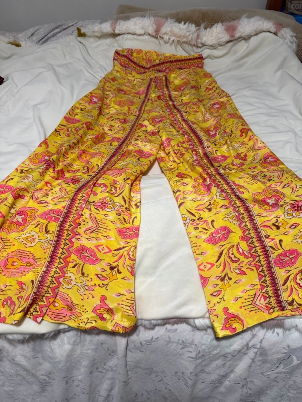 Zury Silk High-Waist Printed Wide-Leg Pants - Yellow & Pink One Size